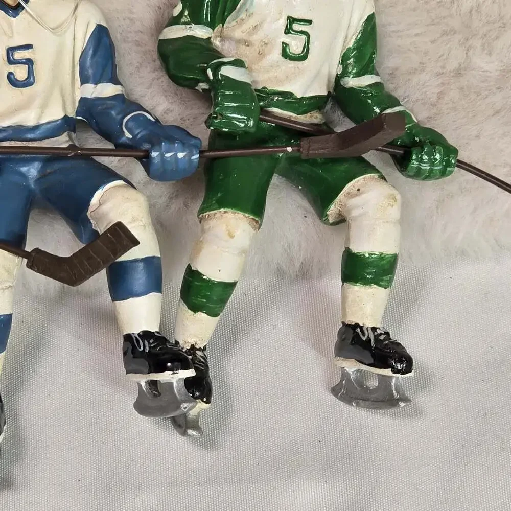 Lot of 3 Vintage Hockey Player Ornaments – Green & Blue Uniforms #5 Resin Figure
